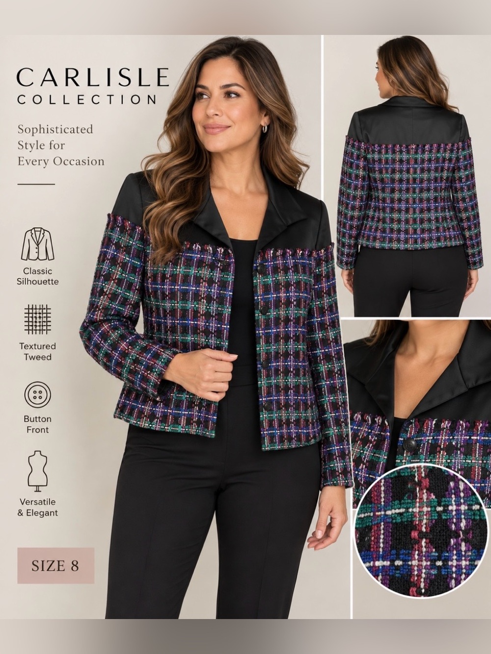 Carlisle Collection Tweed Cropped Jacket Multicolor Plaid Button Front Size 8